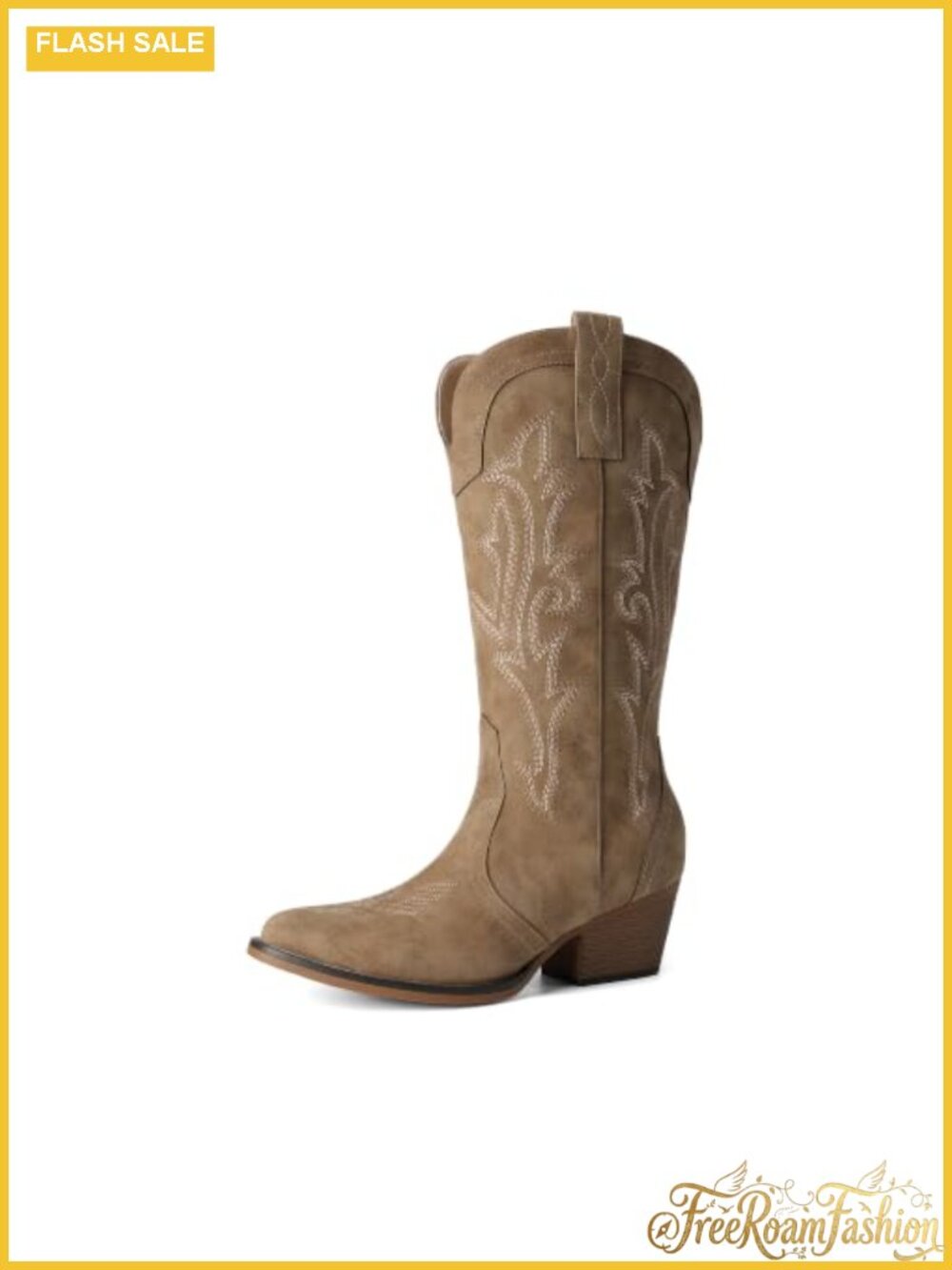 Western Cowboy Boots Pointed Toe Block Heel Faux Leather Calf High